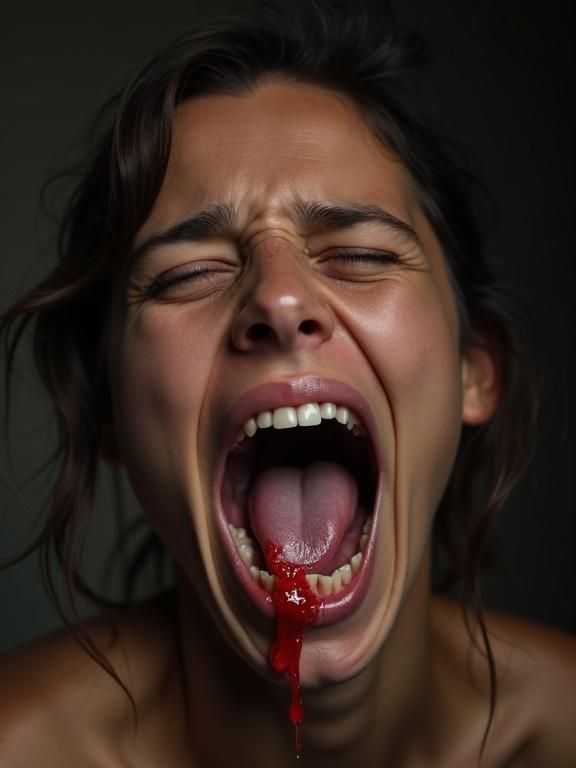 Close-up of a woman screaming. Spittle dripping from her mouth. Intense emotion displayed on her face.