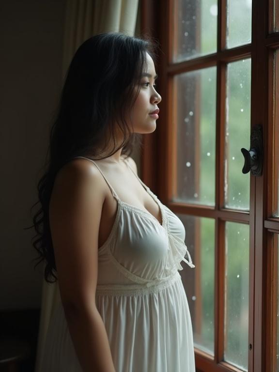 Woman wearing thin nightgown stands by wooden window in home. Her long wavy hair and calm face reflect loneliness while watching rain outside.
