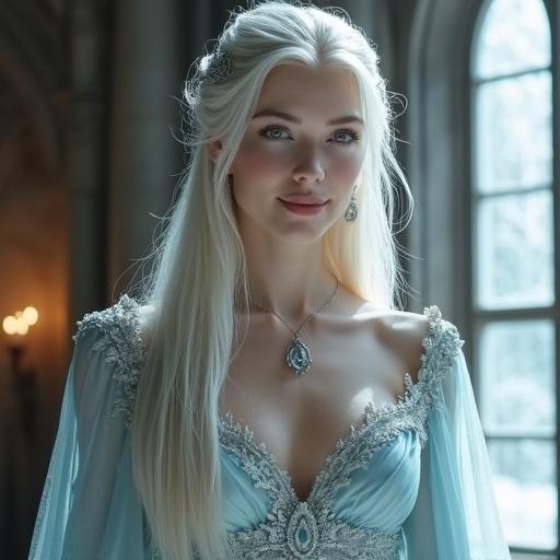 Elegant adult woman showcasing a high-fashion gown designed with layered icy fabrics. Features long platinum blonde hair with a delicate crystal ornament. Serene blue eyes and smooth porcelain skin enhance Nordic fairy-like beauty. Posed in a grand candlelit hall with arched windows, highlighting refined couture craftsmanship and picturesque ambiance.