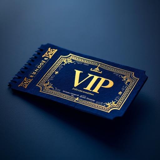 VIP flight ticket designed in deep blue with gold accents. Focus on luxury and exclusivity. The ticket features elegant designs and textures.