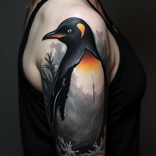 Tattoo design on dark skin featuring a penguin in a dark and gloomy style. Full color elements with intricate details.