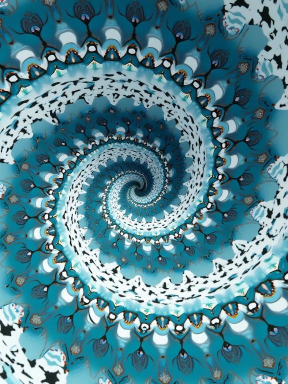 Kaleidoscopic spiral illustration with a unique spiral pattern. Flat vector style. Turquoise blue woman's eye at the center. Abstract shapes and colors throughout spiral.