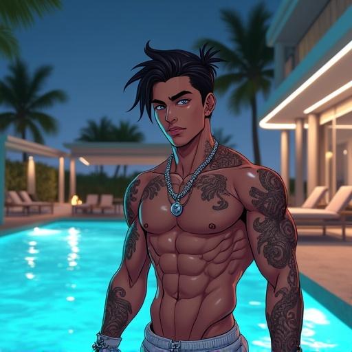 Anime character at a luxurious pool party. He has an athletic build with tattoos and wearing swim shorts. Character has a confident grin and spiky hair. Background features a modern mansion and pool setting with summer atmosphere. Nighttime luxury party scene with elements of hip hop culture.