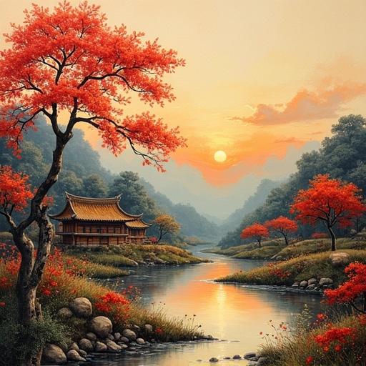 Landscape painting featuring a vintage village with wooden huts under autumn trees. Acrylic paint used for colors. A river flows through the scene. Soft sunlight creates a warm atmosphere.