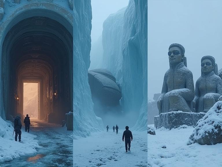 Triptych image divided into three sections showcasing Antarctic mysteries. Left: underground base with reinforced doors and guards. Center: futuristic flying object partly uncovered in ice, people examining it. Right: ancient ruins with statues buried in snow. Cold, eerie atmosphere with twilight lighting and snow.