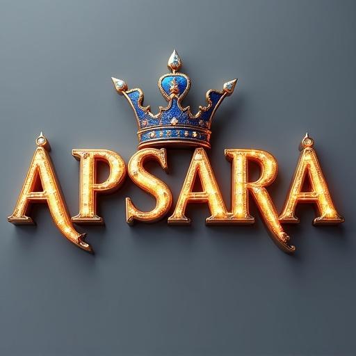 3D digital artwork featuring the name Apsara in gold and blue letters. Letters are adorned with a blue crown. Each letter glows with warmth and has diamond accents. Set against a gray backdrop. Combines dark fantasy elements with typography.