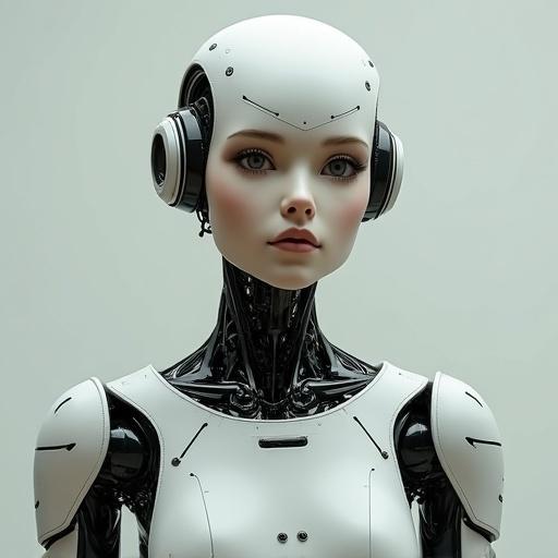 Robot girl inspired by futuristic design in frontal full body view. Human-like facial features with articulated body and clothing. Displaying advanced robotics technology.