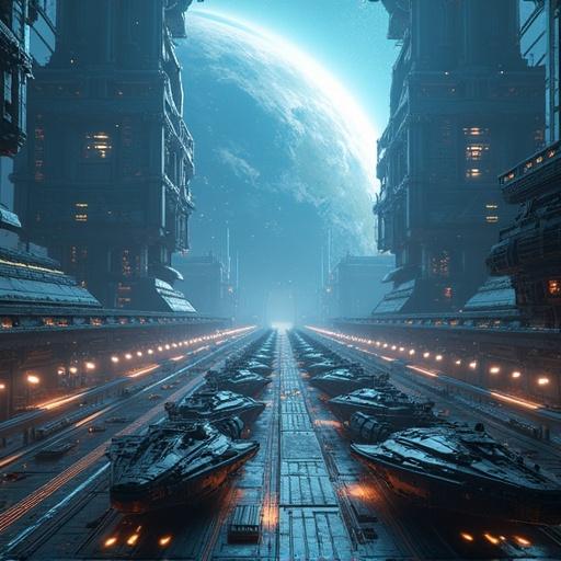 Hyper-realistic sci-fi image of a futuristic starship base filled with interstellar battleships. Features include giant electromagnetic catapult tracks, holographic towers, AI mechanical arms working, and glowing plasma engines. The background shows Earth with auroras. The style combines elements of cyberpunk with advanced technology.