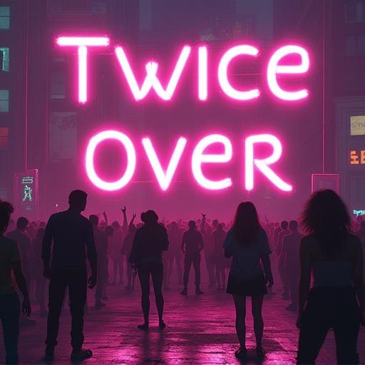 EDM album cover featuring neon text reading 'Twice Over'. Crowd of people enjoying the music