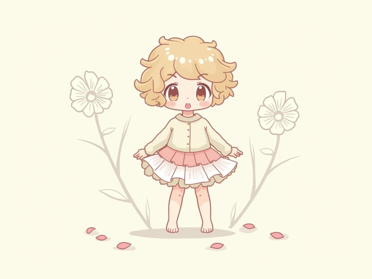 The image shows a cartoon-style illustration of a young girl. She has curly hair and is wearing a light shirt with a frilly skirt. The skirt has multiple layers and a puffy appearance. The background features simple sketches of flowers, adding to the playful theme. There are petals scattered on the ground, suggesting a cheerful scene. Overall, the illustration has a whimsical and artistic style.