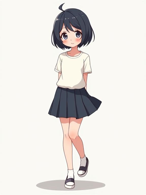 Illustration of a young girl with short dark hair. She is wearing a pleated mini skirt. The style is anime-inspired with bright colors and clean lines. Full body view of the character.