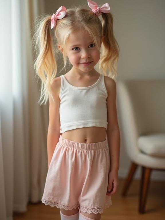 Blonde girl in a softly lit room. Twin tails tied with pink ribbons. Snug white crop top and pale pink skirt. Thigh-high socks with lace trim. Simple black shoes. Natural blush on cheeks. Playful head tilt. Bright eyes. Warm glow of the room.
