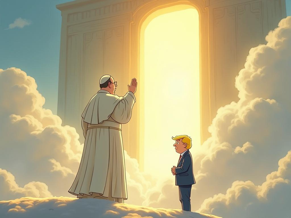 Pope Francis stands on a cloud. He holds his hand up in refusal. A large golden gate shines behind him. Donald Trump looks surprised in a blue suit. The scene conveys justice and authority. It is styled like a Ghibli cartoon. The atmosphere is ethereal and painterly.