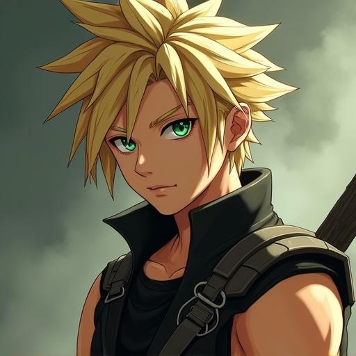 Anime style portrayal of a male character inspired by Cloud Strife. Character features spiky blonde hair and green eyes. Wears sleeveless tactical gear. Emphasizes strength and attractiveness. Beautiful and detailed artwork with professional lighting.