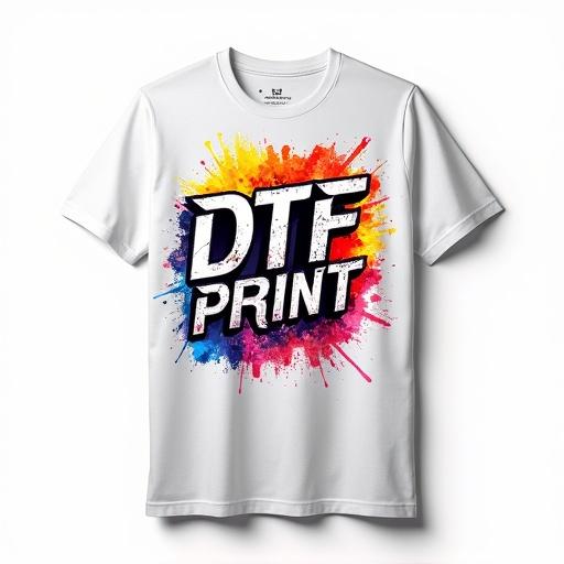 Vibrant colorful print design on white t-shirt. Text is bold with 'DTF PRINT' in a dynamic style. Background features splatter effects with high-contrast colors. Design is suitable for DTF transfer with crisp edges.