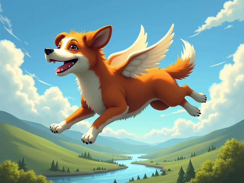 A joyful cartoon dog with wings flying over a scenic valley, blue skies and river below.