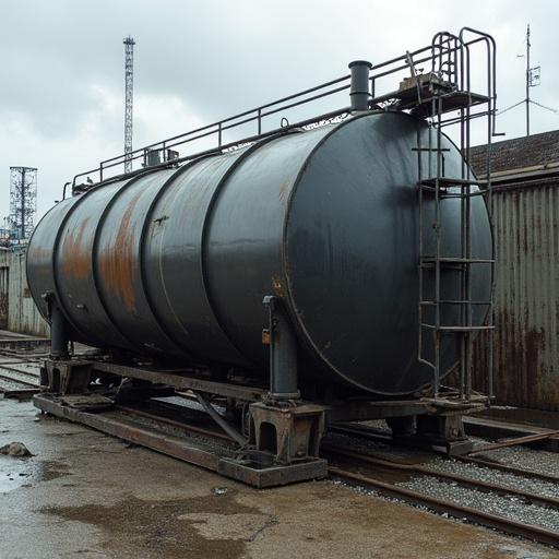 An oil tank showing signs of a leak in an industrial environment.