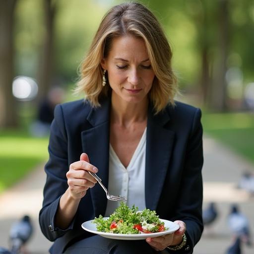 A corporate lawyer in a park eating salad. The woman wears a tailored suit. Sunlight shines as she scrolls through emails. Fine lines appear on her face. Pigeons are near her feet. Include urban greenspaces and professional attire.