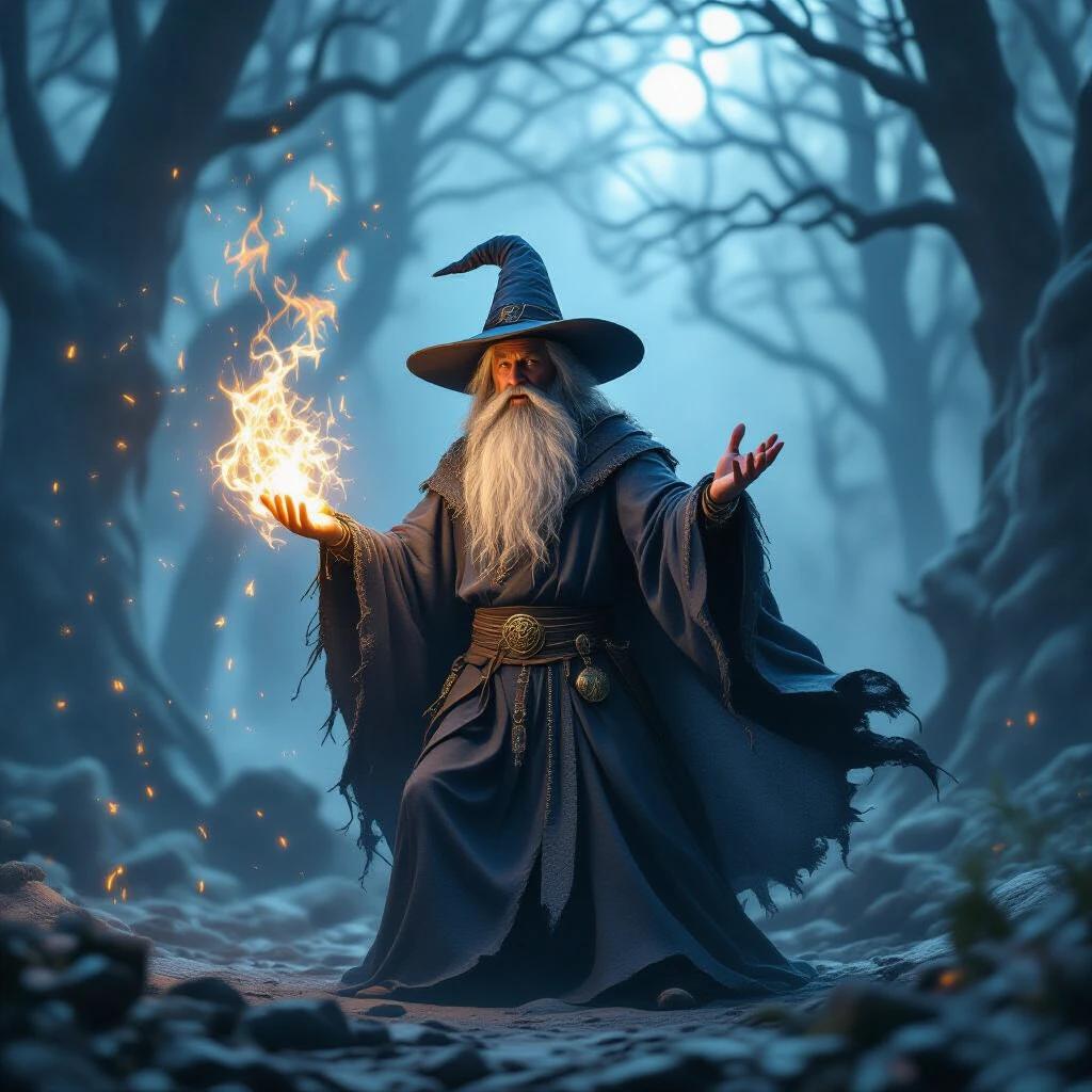 A wizard stands confidently in a dark forest. The wizard wears a long cloak and a pointed hat. Flames swirl around his hands as he casts a spell. The surrounding trees are barren and shrouded in mist. The atmosphere feels magical and mysterious.