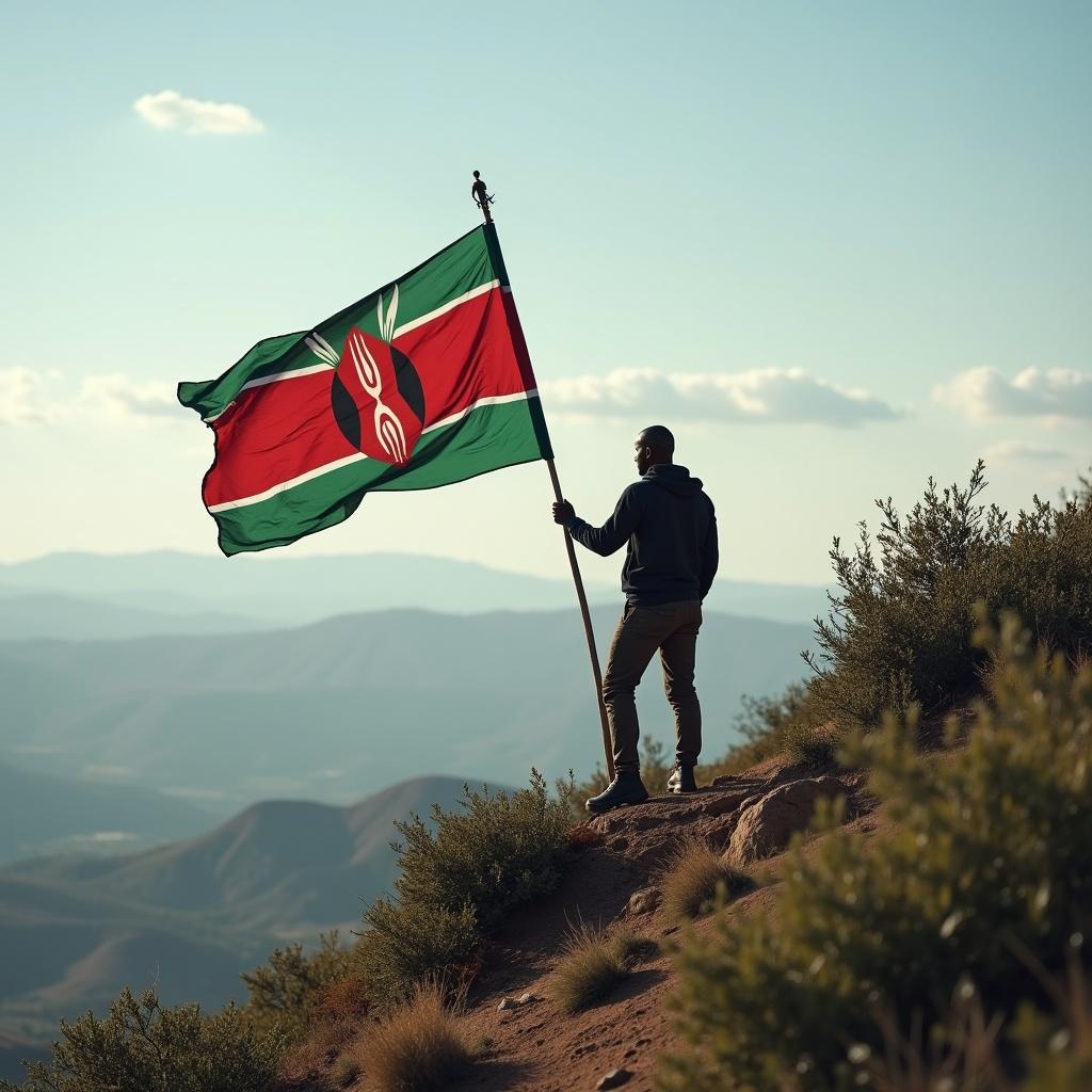 A Kenyan stands on a mountain top holding the Kenyan flag aloft. The backdrop is a vast hilly landscape with a clear sky.