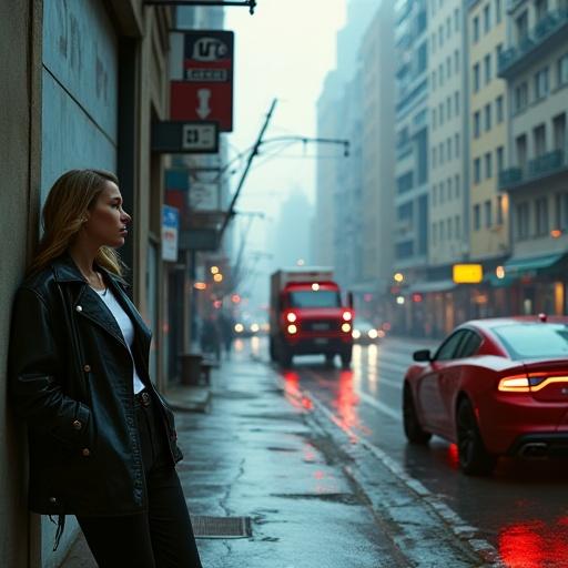 Photography captures a cyberpunk urban scene. Street perspective shows woman leaning against wall. She smokes a cigarette. Wet pavement reflects neon lights. A truck and futuristic car are visible on the street.