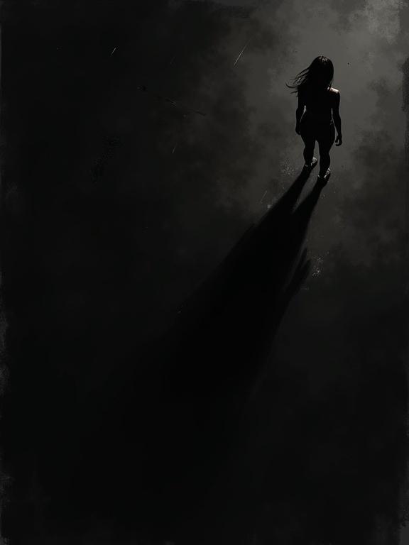 Dark abstract illustration features a female silhouette at the top right. Her shadow distorts behind her filling the image. Black background with rough brush strokes creates an incomplete and textured artwork. Captured from an extreme overhead perspective.