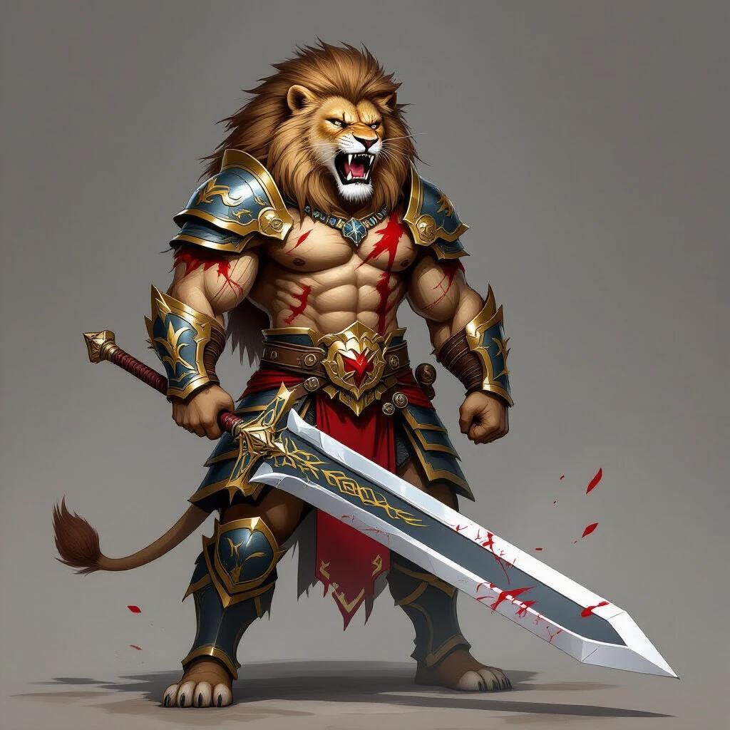 A lion warrior depicted in heroic fantasy style. The character is muscular and armored, holding a large sword. Scars are visible on the body, and a fierce roar is shown.