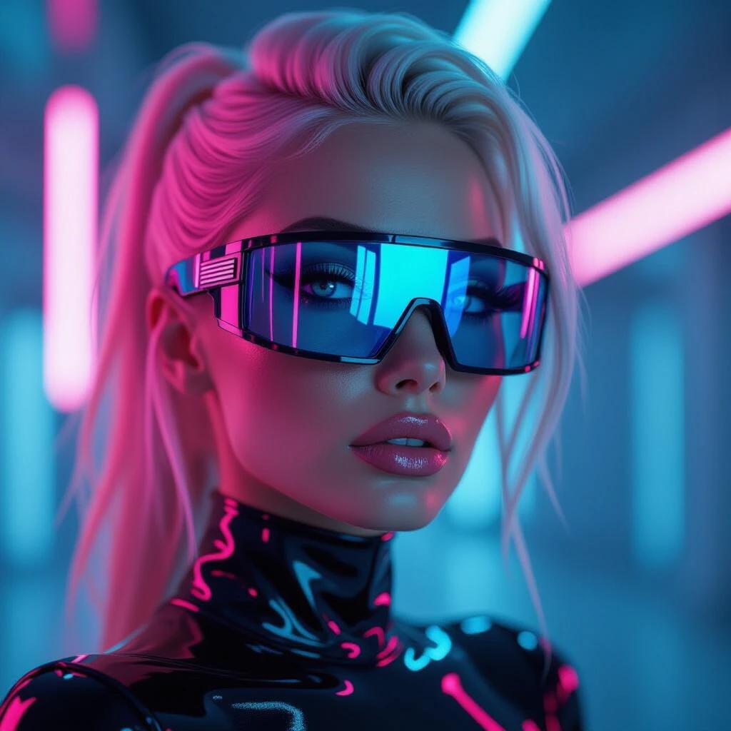 A female model embodies vaporwave and cyberpunk aesthetics. Hair is slicked back and metallic blonde. She wears holographic reflective visor glasses. Her eyes are vivid turquoise. The bodysuit is shiny black and futuristic. The lighting is dramatic in pink and blue. The portrait is an extreme close-up with cinematic depth of field. The image is rich in hyper-detailed textures and volumetric glow. Background is atmospheric and minimalist.