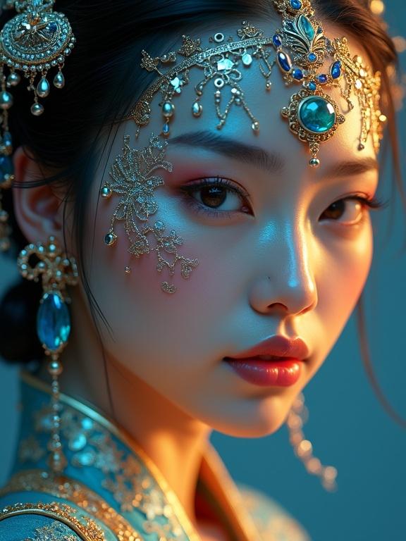 Ultra-HD hyperrealistic portrait of a chinese goddess of war. Face illuminated by sunlight reflected by sapphire stones. Elaborate multi-layered outfit fusing traditional silk embroidery with golden and jade elements. Liquid-metal threads that shift color with movement. Futuristic elegance meets vibrant digital realism. Dual light sources create dramatic chiaroscuro emphasizing facial features and jewelry.