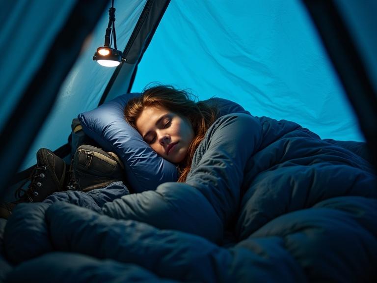 Inside a small but cozy backpacking tent. Soft blue glow of moonlight filtering through the fabric. Woman curled up in a mummy-style sleeping bag. Peaceful expression with brown hair against a camping pillow. Sleeping bag unzipped showing comfortable thermal layers. Hands tucked under chin for warmth. Organized living space around her. Headlamp hangs above casting ambient light. Backpack tucked in corner with hiking boots beside it. Water bottle within reach. Sound of wind and crickets adds to serenity. Hyper-realistic style focusing on textures.