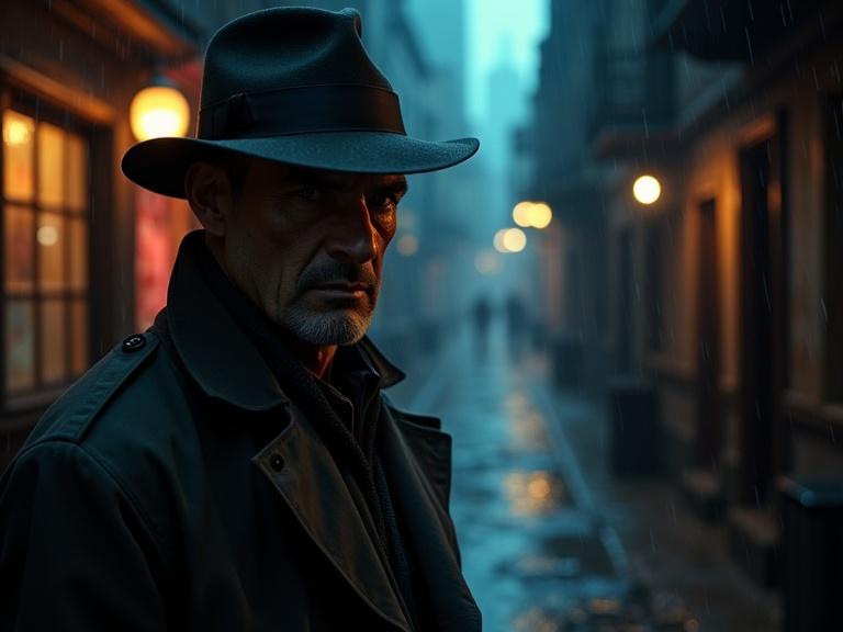 Portrait of a grizzled detective wearing a trench coat and fedora. He stands in a dimly lit alleyway. Rain slicks the cobblestones. His weary face reflects the neon city glow. The style mirrors classic film noir with modern grit and dramatic contrasts.