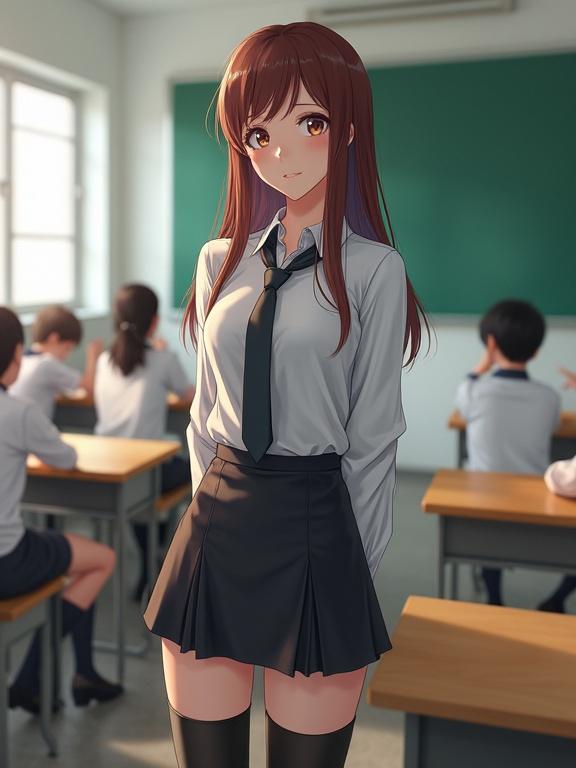 Anime-style illustration of a girl in a classroom. She wears a blouse and a mini-skirt with thigh-high socks. The classroom has students in the background. Lighting is bright and natural.