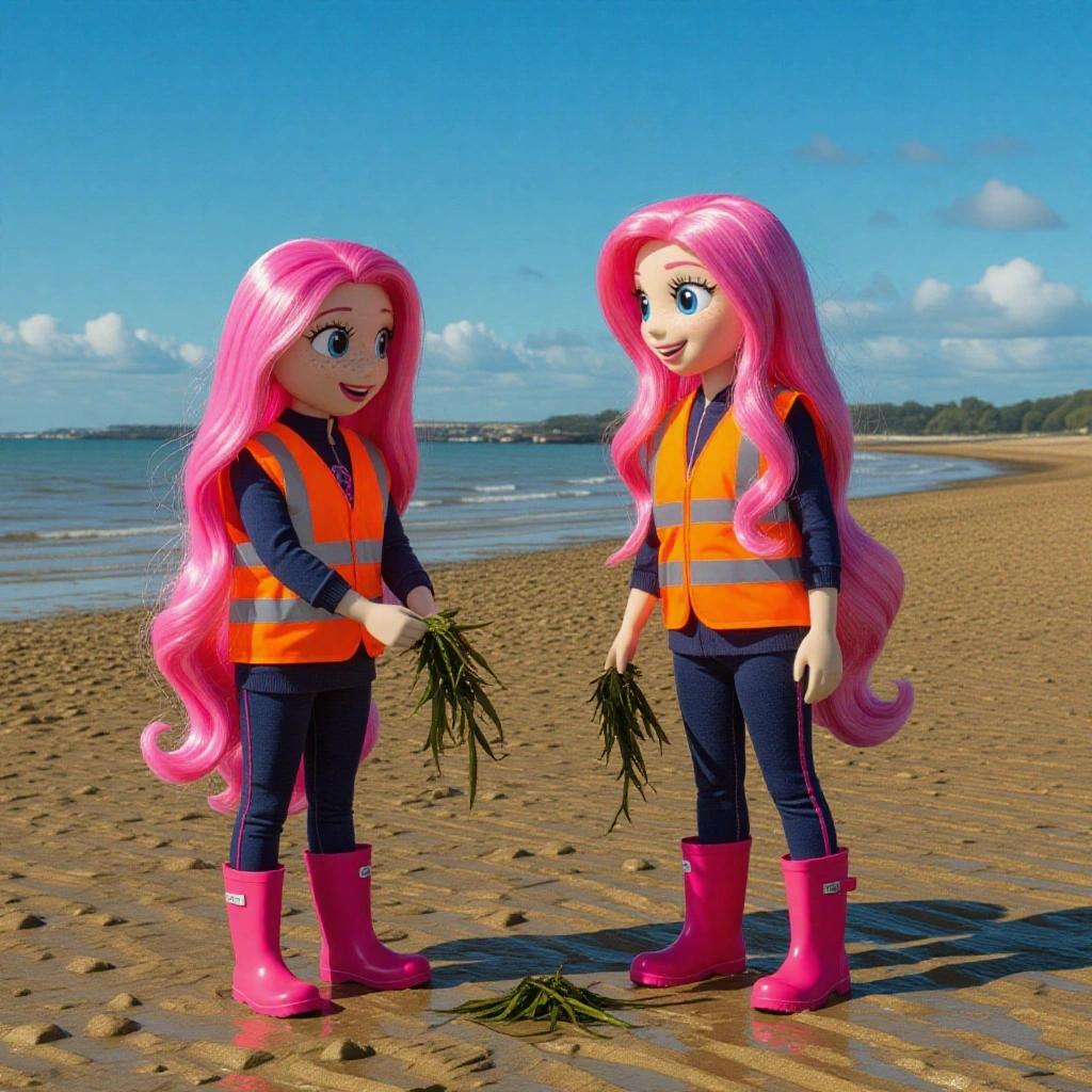Two girls with long pink hair wearing high visibility vests and wellington boots. They are on a beach collecting seaweed. The beach is sandy with a clear blue sky in the background.