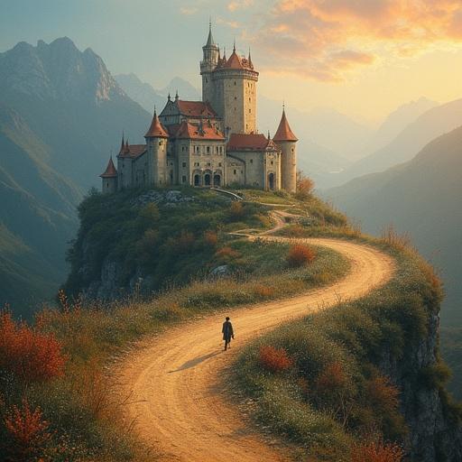 Double exposure with a minstrel wandering along a spiral road leading to a castle. The scene evokes a sense of adventure in a fantastical setting. The image has a close-up view with expressive details and is painted in oil on canvas. The atmosphere is realistic and cinematic, showcasing beautiful, saturated colors.