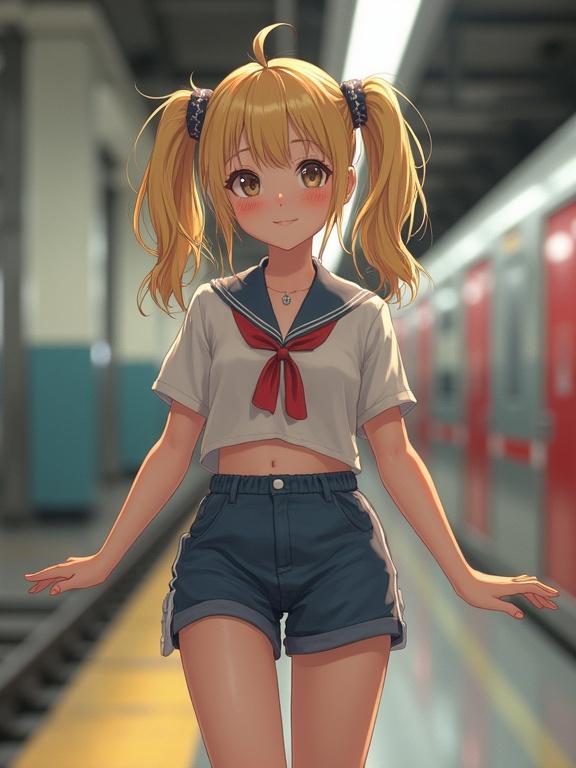 A young girl stands at a train station featuring blonde twin tails. She wears a short crop top and shorts. The setting has a modern feel.