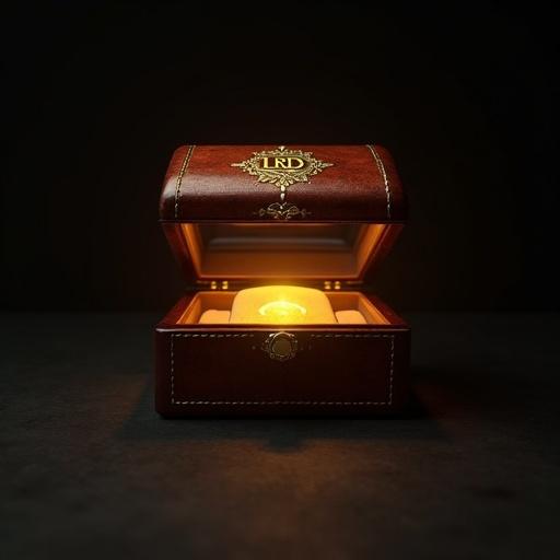 Photorealistic 3D render of a handcrafted wooden box. Box resembles a luxury watch case. Box is slightly open with warm golden light inside. Elaborate golden emblem LRB engraved on the top of the box. Dark minimalist background enhances mystery. Style is luxury product shot.