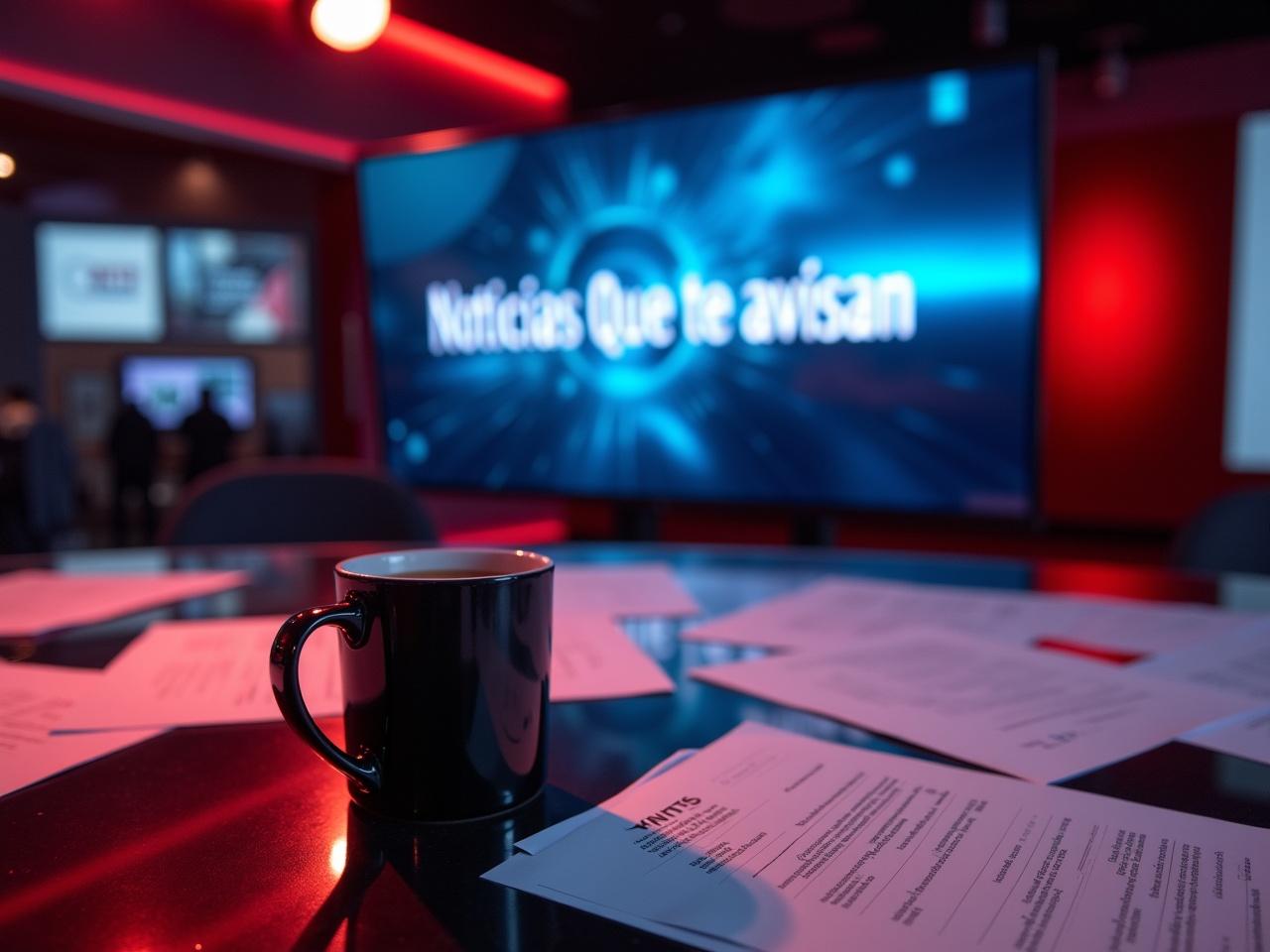 The image showcases a contemporary news desk prominently featuring a headline that reads 'Noticias Que te avisan' on a large screen in the background. The desk is covered with various documents, suggesting a fast-paced news environment. A stylish black coffee mug sits on the desk, adding to the professional look. Striking red and blue lighting enhances the modern feel of the setup. This scene could effectively illustrate articles or content related to media, journalism, or broadcast news.