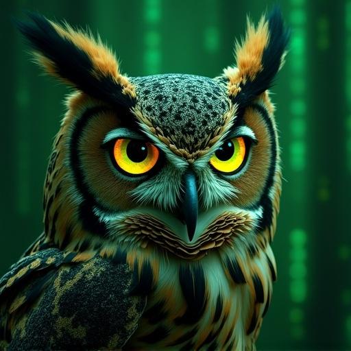 Artwork featuring an owl symbolizing self consciousness. The owl has vivid green eyes reflecting the colors of digital code. Background reminiscent of a matrix theme. A blend of spirituality and digital aesthetics.