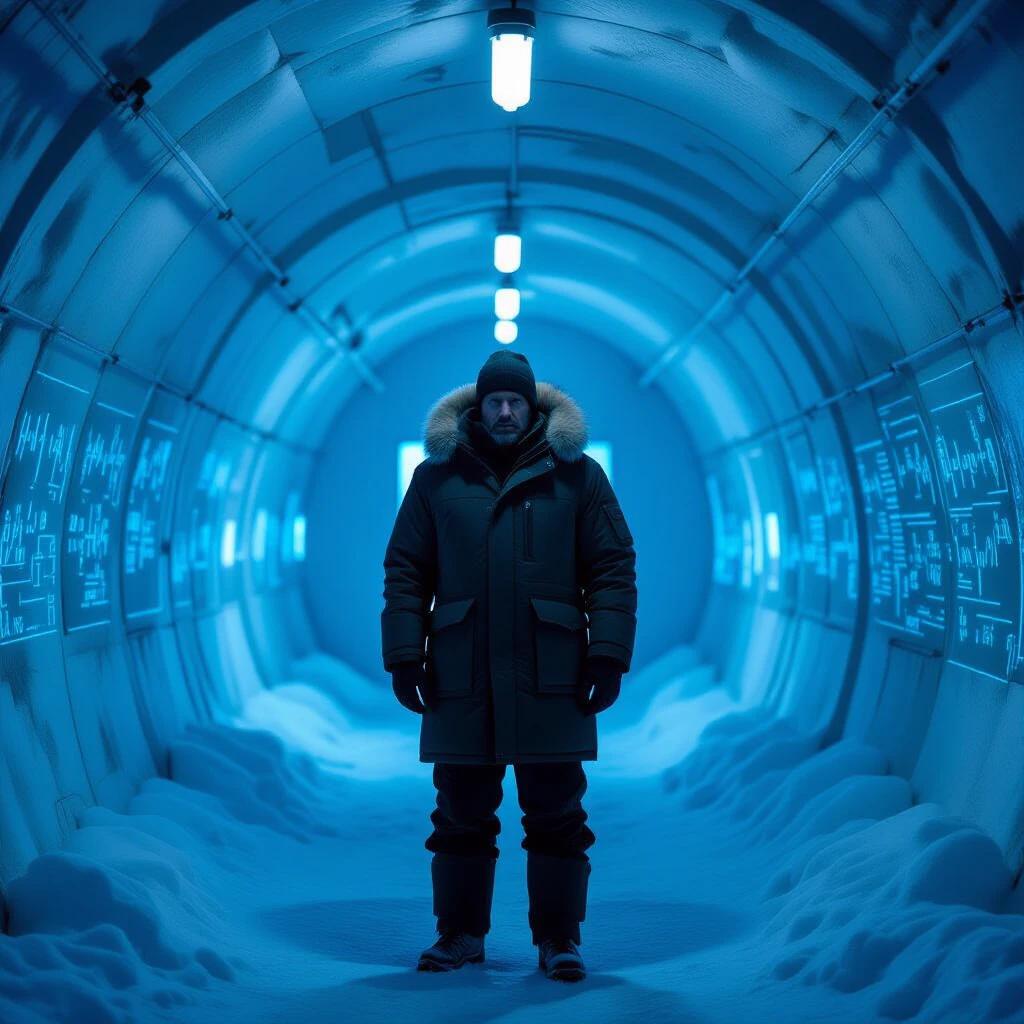 A grieving father in a thick parka stands in a long corridor. Eerie blue lights illuminate the icy surroundings. Walls display strange equations and recordings. The setting is an Arctic lab bunker. The tone is psychological thriller with elements of isolation horror. There is a minimalist title in thin-serif font with a glowing cyan edge.