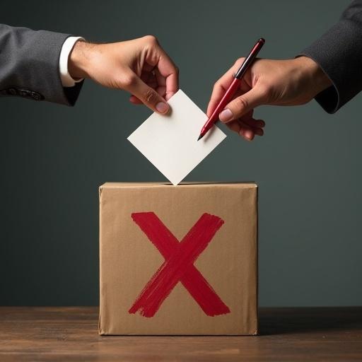 Create an image reflecting a corrupt voting act. Two hands interact. One hand deposits a paper into a deteriorating cardboard ballot box. The paper marked with a red x on a box. The other hand emerges from the box's top holding a red pencil. The box shows signs of decay with mold and cracks. Flies and worms are visible. A long shadow is cast by the box. Aging effects enhance the image's decay. The background is dark and muted shades of gray and brown. The image should be impactful, focusing on the hands and paper to intrigue curiosity.