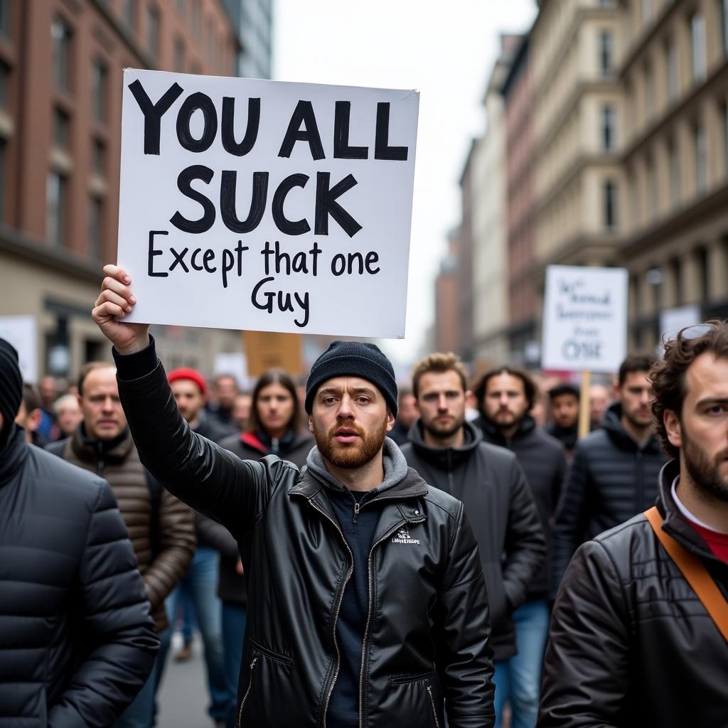 A group of people is marching down a city street during a protest. In the foreground, a man holds a large sign that reads 'YOU ALL SUCK Except that one Guy'. The crowd behind him appears serious and engaged. There are a mix of expressions among the marchers, reflecting a variety of emotions from determination to amusement. The setting shows urban buildings lining the street, emphasizing the public nature of the protest. The scene captures the essence of public demonstrations and the diverse viewpoints within such gatherings.