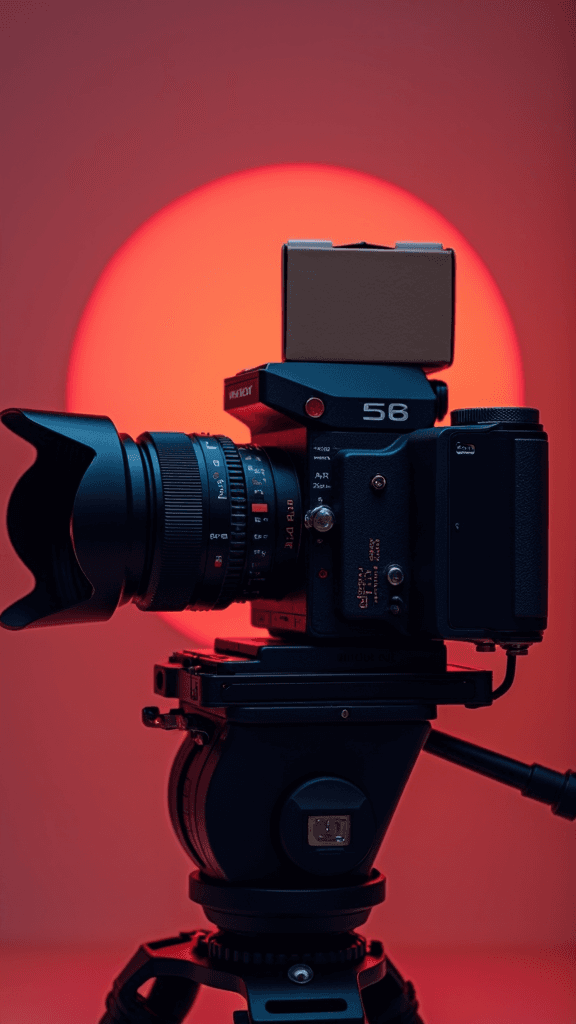 A camera on a tripod stands silhouetted against a bright red light background.