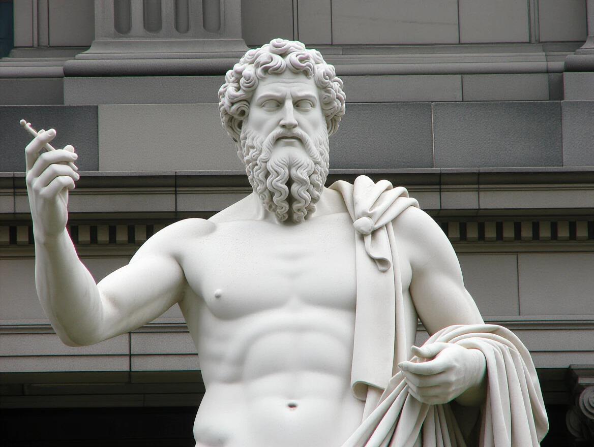 A stoic statue made of white marble. The statue represents ancient Greek philosophy. It showcases a male figure with defined muscles. The statue holds an object in the left hand. The background consists of a neoclassical architecture that complements the statue's style.