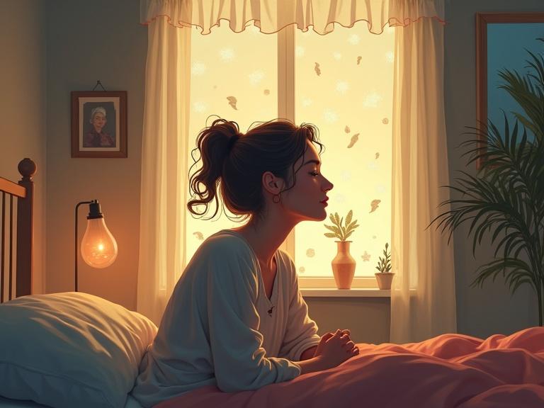 Illustration depicts a woman in her 50s in a softly lit bedroom. She sits quietly, looking introspective and thoughtful. Mood swings and anxiety represented by swirling patterns around her head and light reflections on a mirror. The atmosphere is calm yet complex, symbolizing menopause. Semi-realistic style with warm tones.