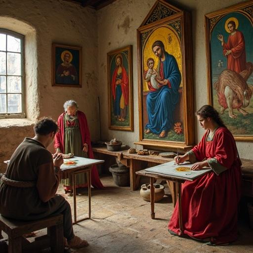 Detailed medieval painting of an artist's workshop circa 1250-1400. Master artist working on religious scene. Apprentices grinding minerals for pigments. Rustic wooden tables and natural lighting. Finished works showcasing vibrant colors and religious themes. Textural quality of medieval painting techniques.