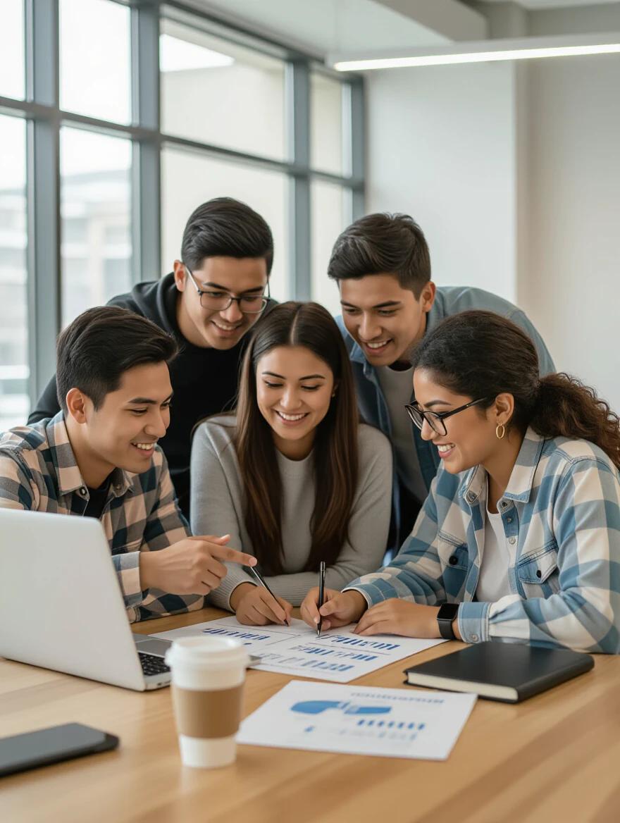 University students collaborating on a group project. Students are gathered around a laptop with documents on the table. They appear engaged and are discussing ideas while pointing at the screen. Coffee cups and notebooks are on the table. Setting is urban and modern with daylight coming in. Expressions are realistic and focused. Mid-range shot shows the group interaction.