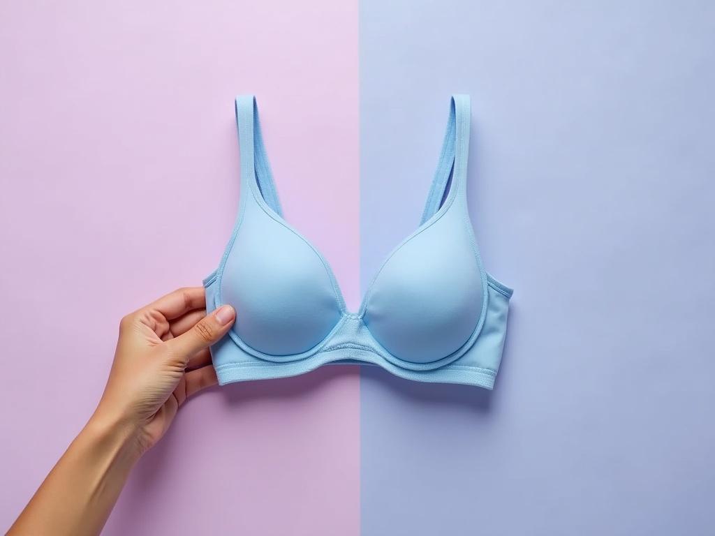 Replicate the image but change the background color to a soft lavender and the bra to a light blue shade. Maintain the same composition with the hand holding the bra in a similar pose, ensuring the lighting remains natural to highlight the fabric texture.