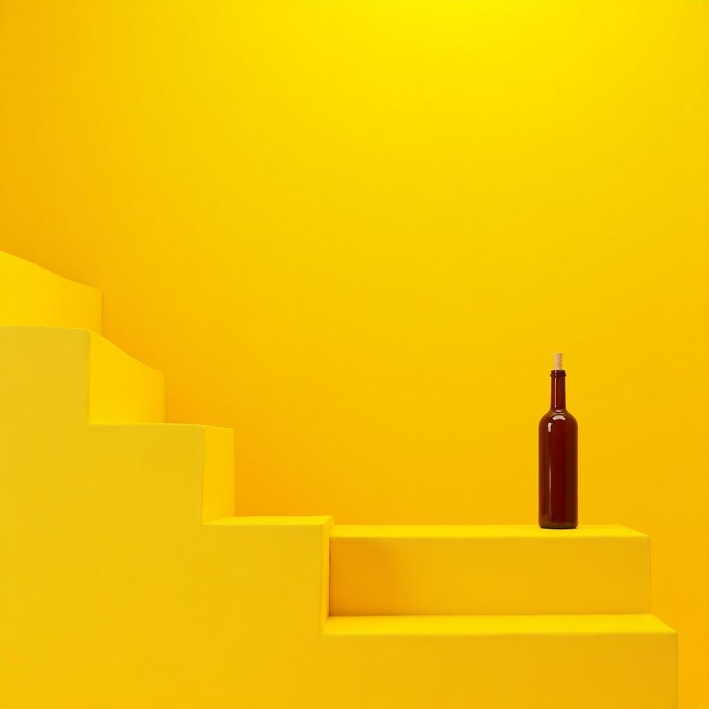 Wine bottle sits on yellow stair in bright yellow space