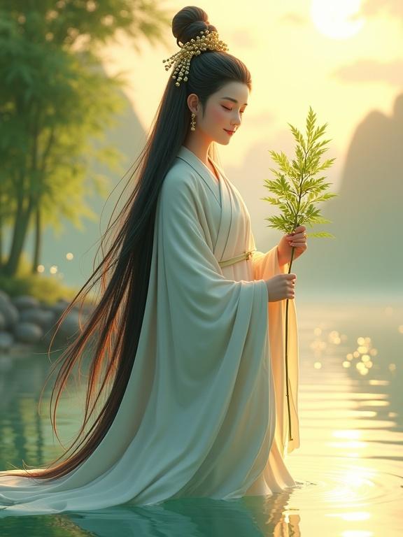 Willow Branch Guanyin with a vibrant green branch. Flowing white robes. Standing in an immortal lake under sunlight. Golden ripples on the water. Long hair like an inky waterfall. Golden hairpieces shine softly. Compassionate eyes and warm smile. Disney-Pixar 3D animation style. Dynamic realism with colorful highlights. Graceful posture. Pure vase by her side. Softly blurred background with cranes and bamboo. Golden halos and clouds creating Zen ambiance. Children's book illustration style with cinematic rendering. HD quality and strong light contrast.