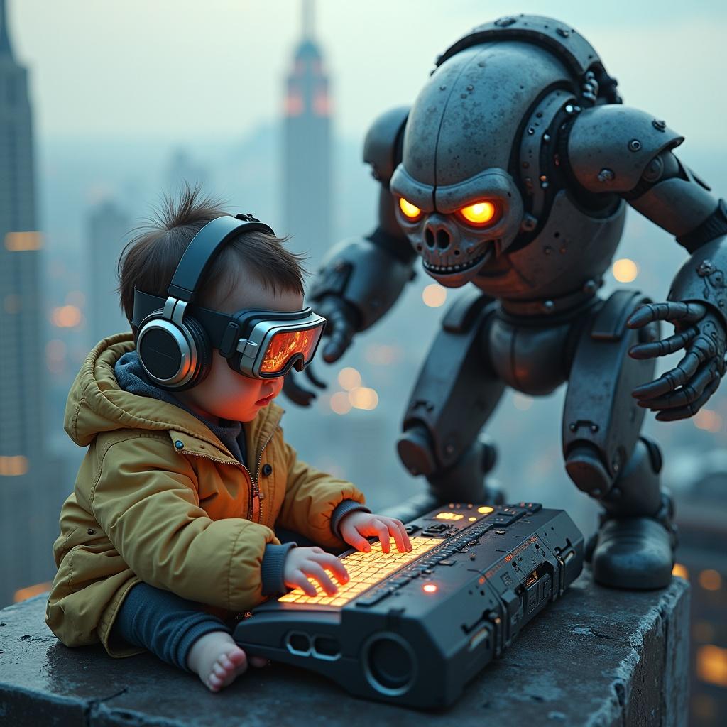 In a futuristic cityscape, a mischievous baby with a headset and glowing cyber goggles types intensely on a holographic keyboard. Next to them stands a colossal gorilla robot, made of steel and equipped with glowing circuitry, ready to protect them. They are engaged in battle, hacking a swarm of hostile enemy drones. The scene unfolds atop a crumbling skyscraper, showcasing the urban chaos below. The baby is focused and determined, while the robot stands guard, fists raised in defense. Together, they represent a blend of innocence and high-tech courage in an action-packed environment.